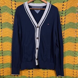 Tommy Hilfiger Navy Blue Gray Trim Button Cardigan Sweater L